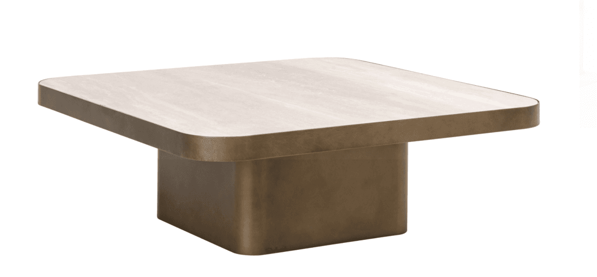 A contemporary square coffee table featuring a substantial plinth base in a bronze-toned metal finish and a light-colored top with subtly rounded corners. — 3D model
