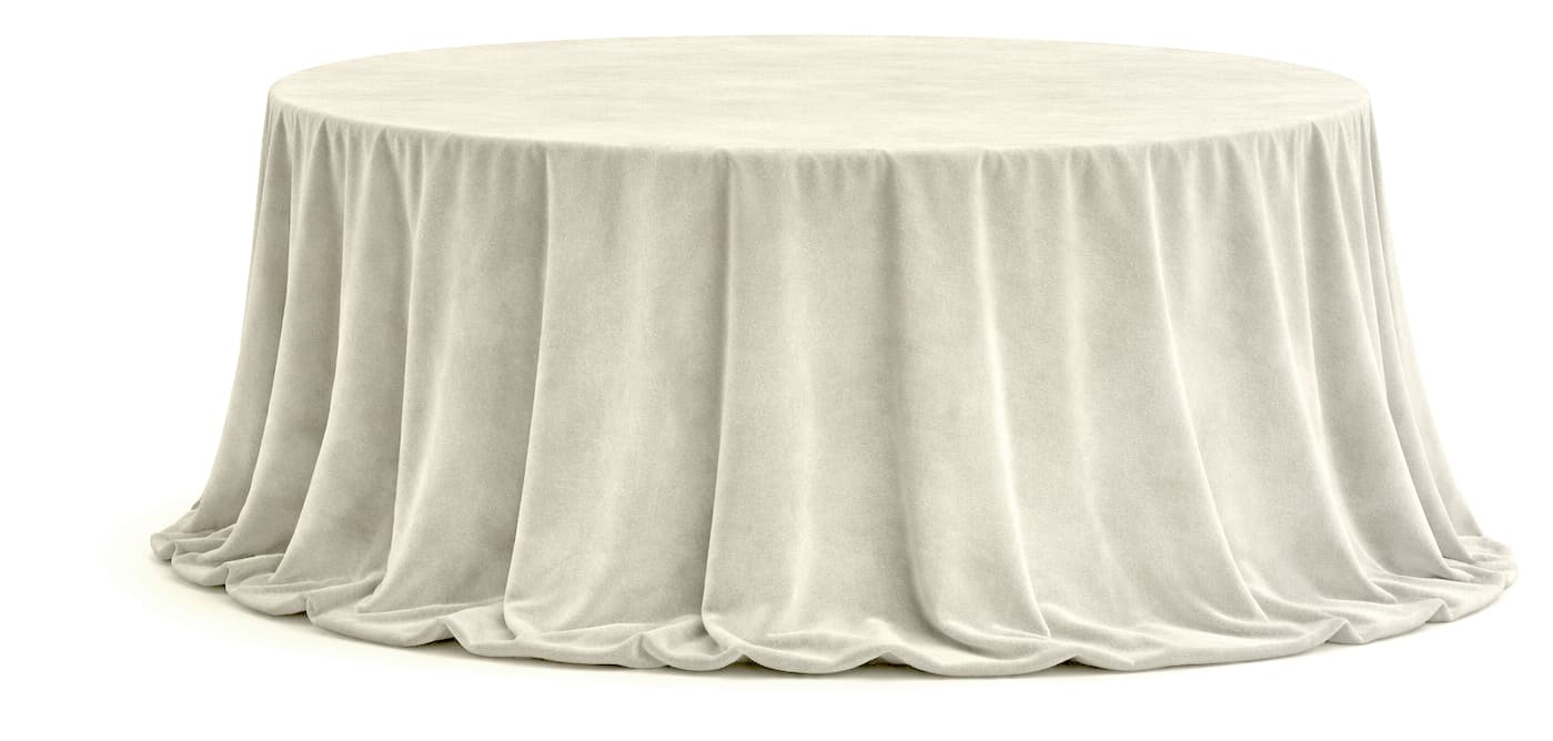 A minimalist, digitally rendered image of a round table fully enveloped by a cream-colored, floor-length tablecloth. The fabric drapes in soft, vertical pleats, pooling slightly at the base, completely obscuring the table's structure beneath. The object is presented against a plain white background. — 3D model