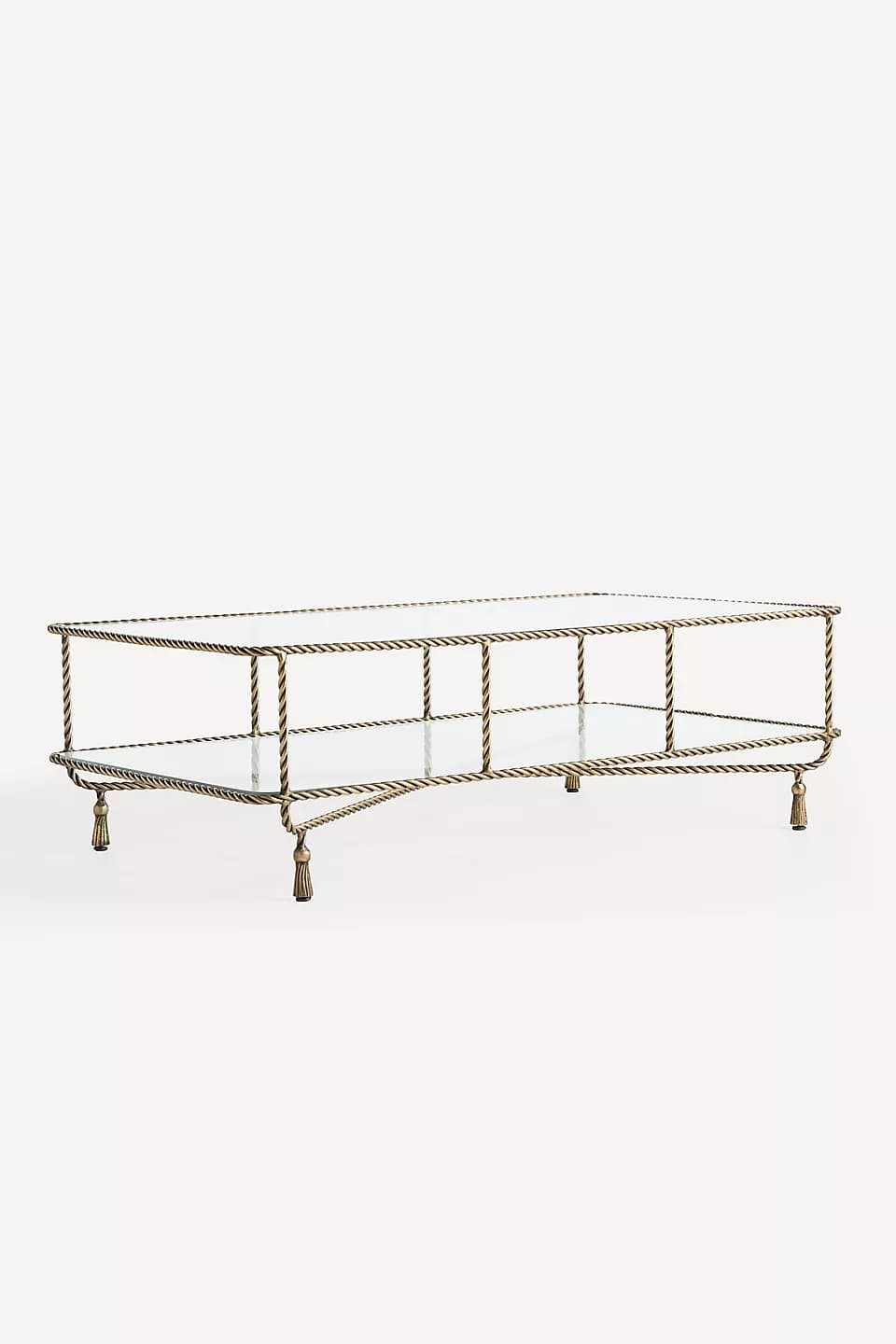 A long, rectangular coffee table with a metal frame and glass top. The frame is made of twisted metal rods with decorative tassels at the base of the legs. The table has two tiers of glass surfaces. — 3D model