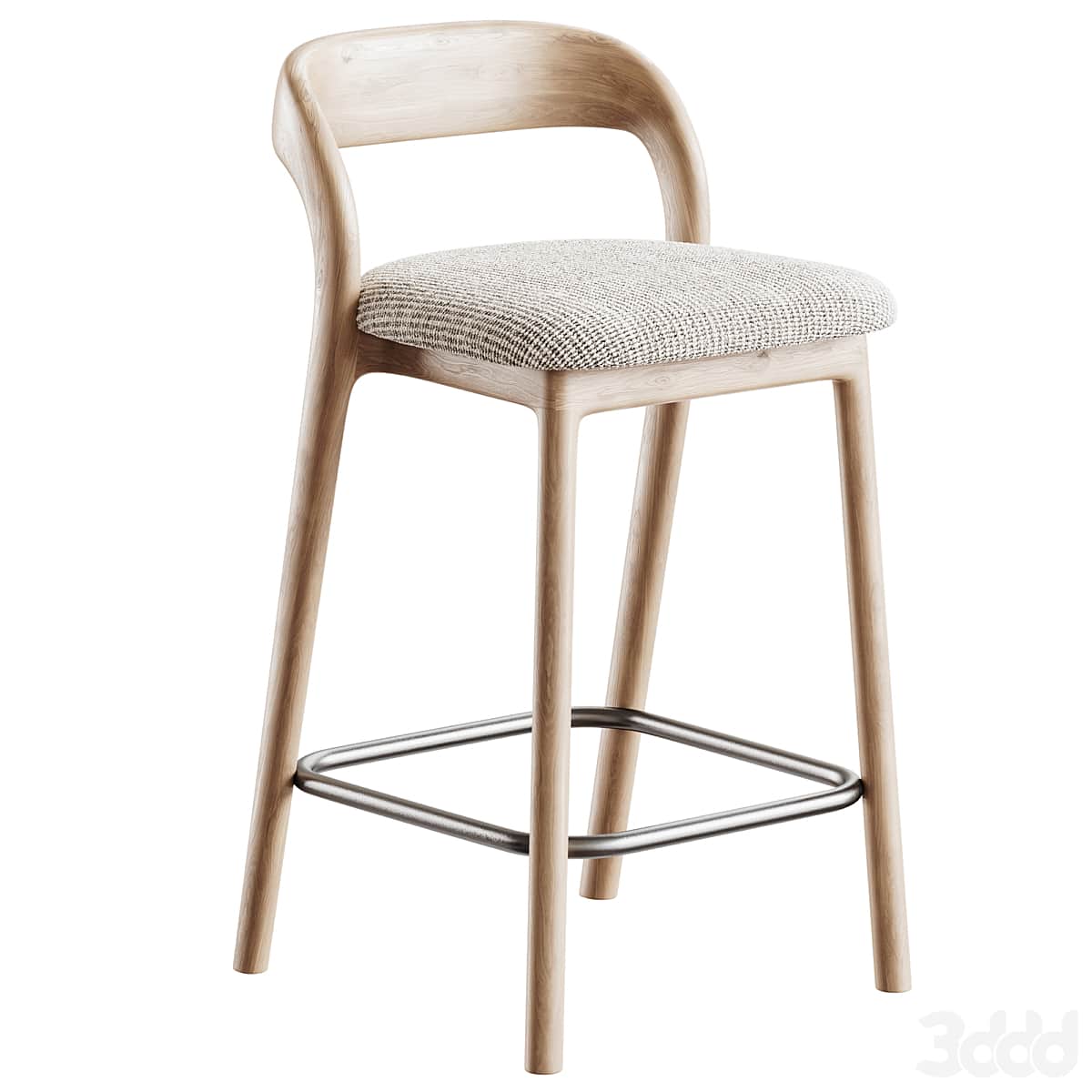A modern Scandinavian-style bar stool featuring a light natural oak wood frame, an upholstered seat,… — 3D model