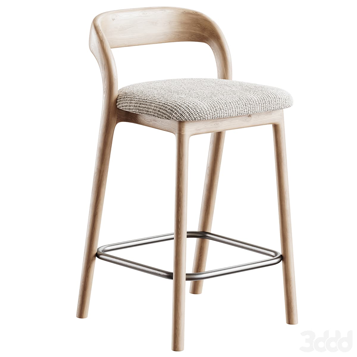 A modern Scandinavian-style bar stool featuring a light natural oak wood frame, an upholstered seat, and a metal footrest. The design emphasizes clean lines, curved elements, and a minimalist aesthetic. — 3D model