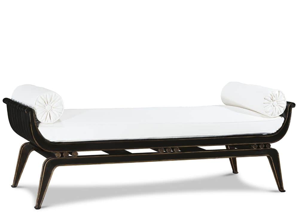 A neoclassical style daybed bench featuring a dark, distressed wooden frame with scrolled ends and s… — free STL 3D model