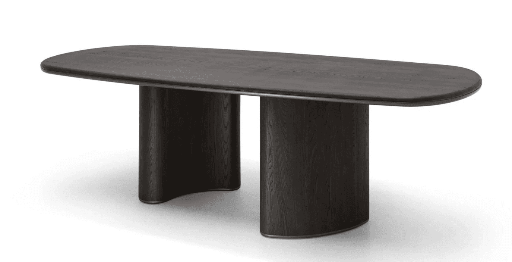 A modern, dark wood dining table with a rounded rectangular top and two substantial, curved pedestal… — 3D model