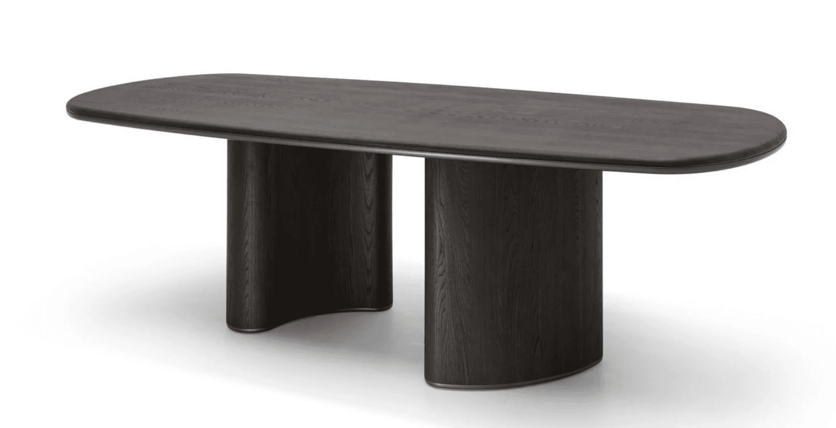 A modern, dark wood dining table with a rounded rectangular top and two substantial, curved pedestal bases. The wood grain is visible, suggesting a natural wood veneer or solid wood construction. — 3D model