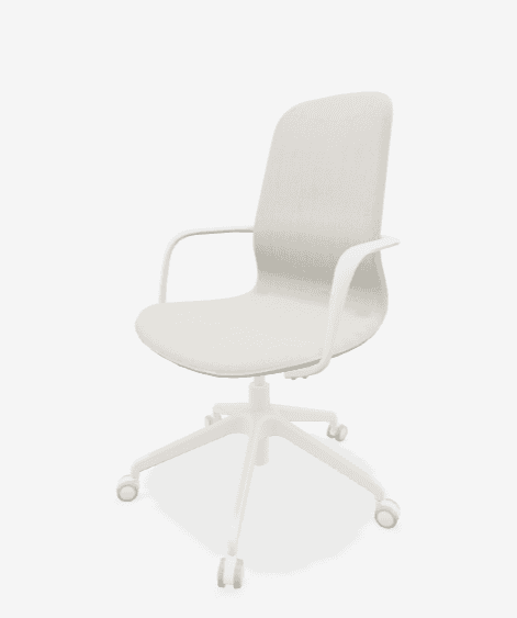 A modern office chair with a cream-colored upholstered seat and back, integrated armrests, and a whi… — 3D model