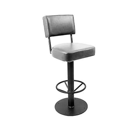 A modern bar stool featuring a cushioned seat and backrest, upholstered in a dark material, likely faux leather or vinyl. It stands on a single black metal pedestal base with a circular footrest and a round floor plate, suggesting a swivel mechanism. The design is minimalist and functional. — 3D model