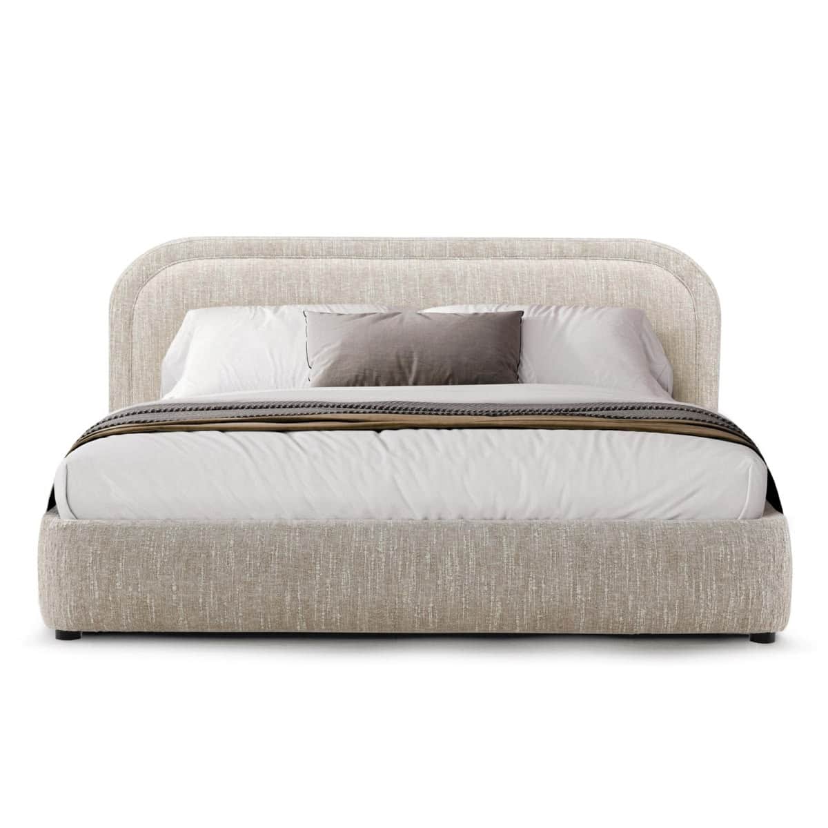 An upholstered platform bed featuring a curved, rounded headboard and a matching upholstered base. T… — 3D model