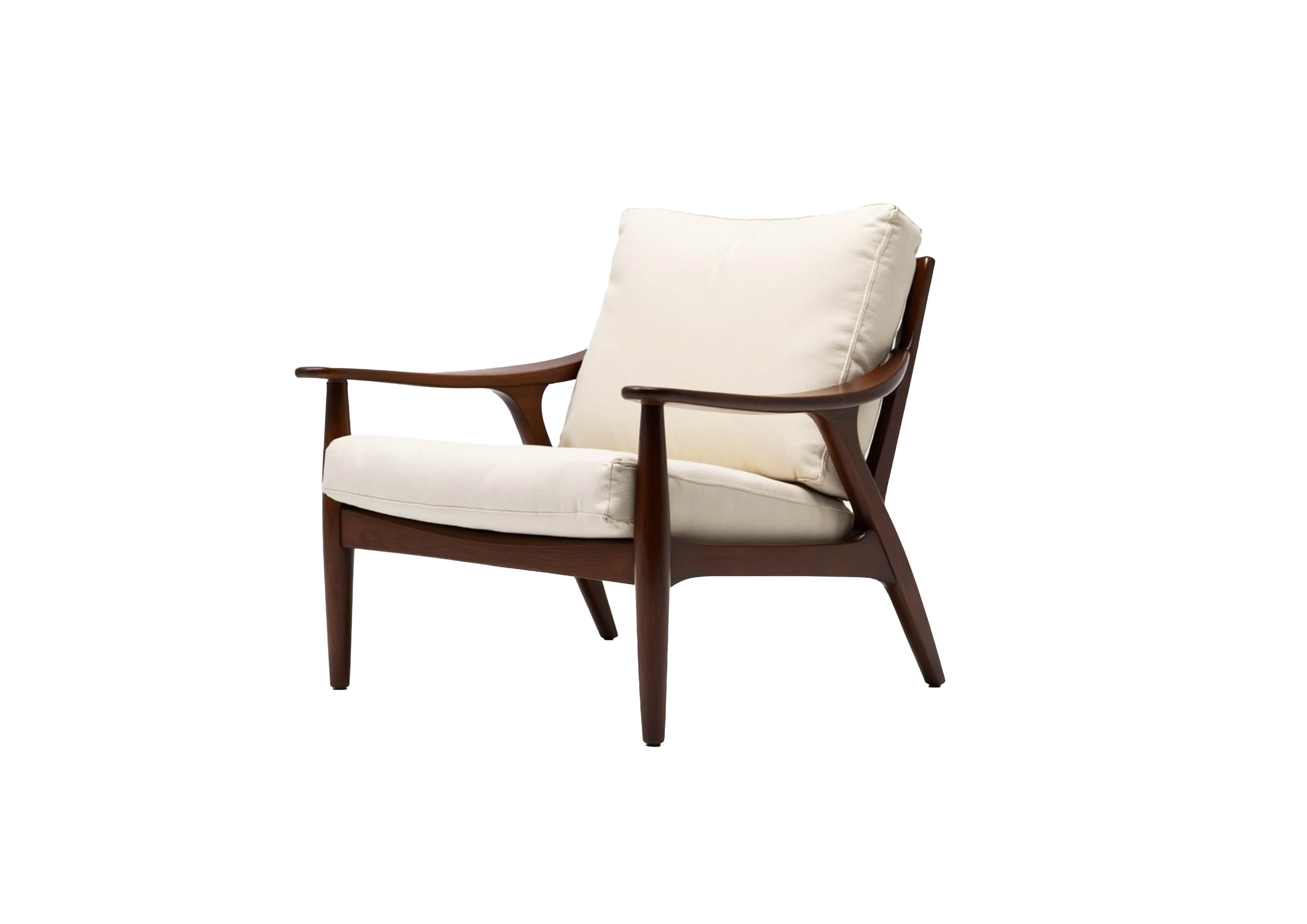 A wooden armchair with a cream-colored upholstered seat and back cushion. The armchair features a cu… — free OBJ 3D model