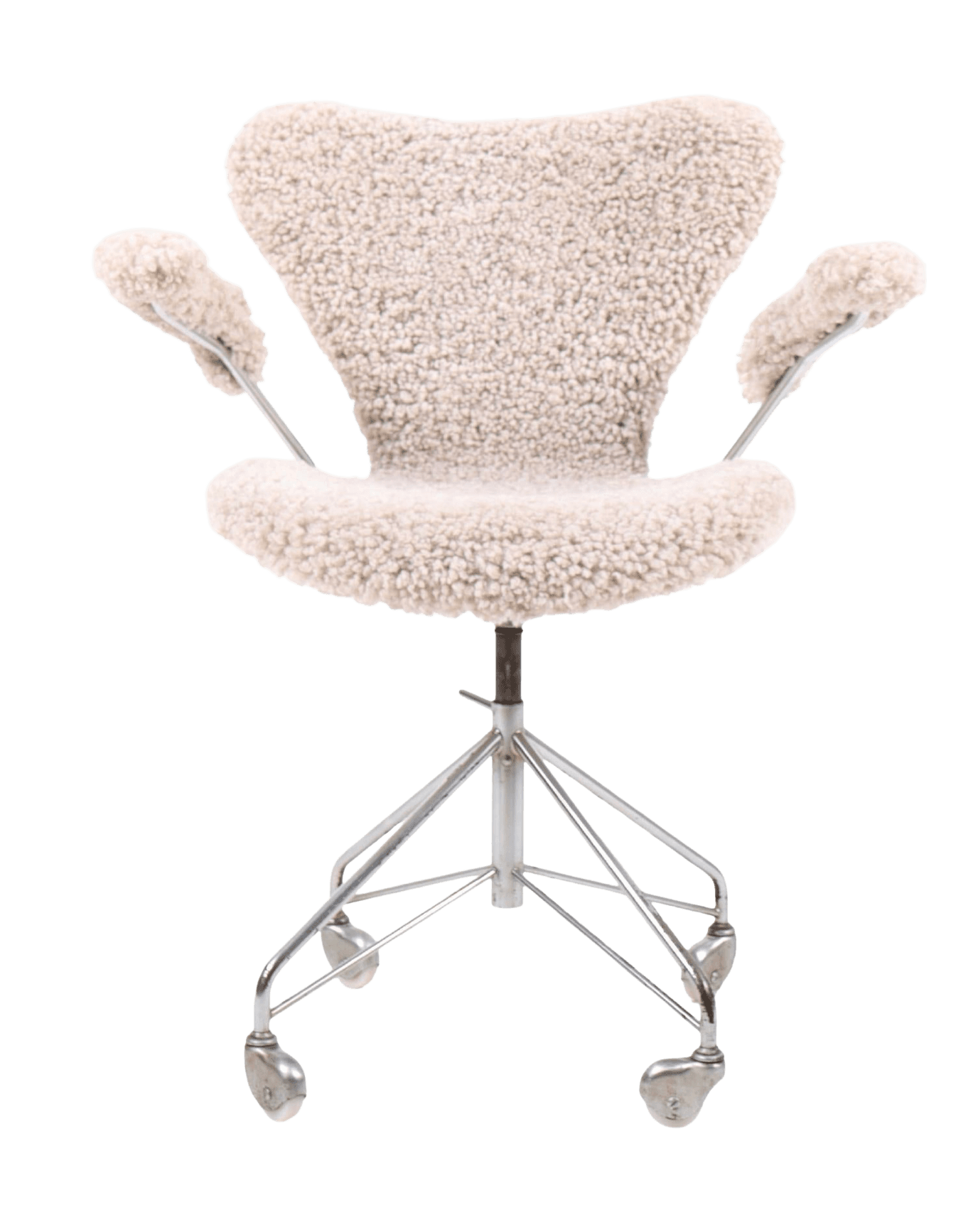 A modern armchair upholstered in a textured, off-white fuzzy fabric. It features a distinctive winged backrest and integrated armrests. The chair is supported by a slender, polished metal base with five legs, each terminating in a castor wheel, suggesting mobility. The base connects to a central column which allows for height adjustment. — 3D model