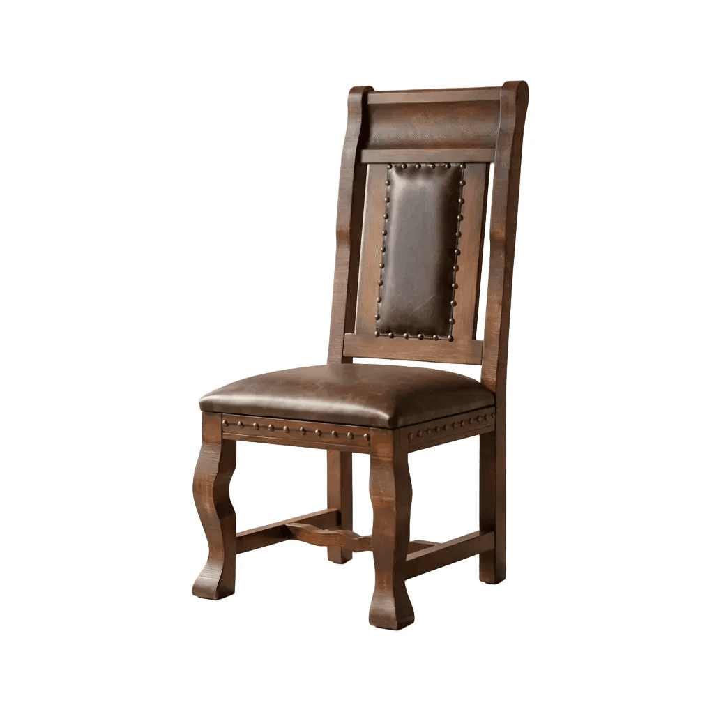 A rustic dark brown wooden dining chair with a high back, upholstered in dark brown leather on both the seat and a central back panel. It features decorative nailhead trim along the edges of the upholstery. The chair has shaped front legs and a sturdy construction. — 3D model