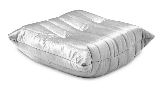 A square-shaped cushion with a tufted and channel-stitched design. The fabric has a slight sheen, indicating a material like satin or a smooth velvet. The stitching creates parallel indentations across the surface, converging towards the center. — 3D model