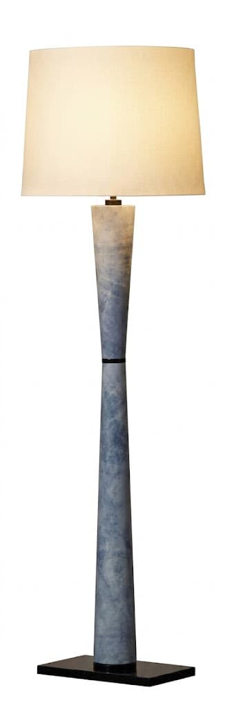 A floor lamp with a conical base that tapers upwards, featuring a textured blue and grey finish. It has a thin black band around its midsection. The lamp is topped with a cylindrical, off-white lampshade. — 3D model