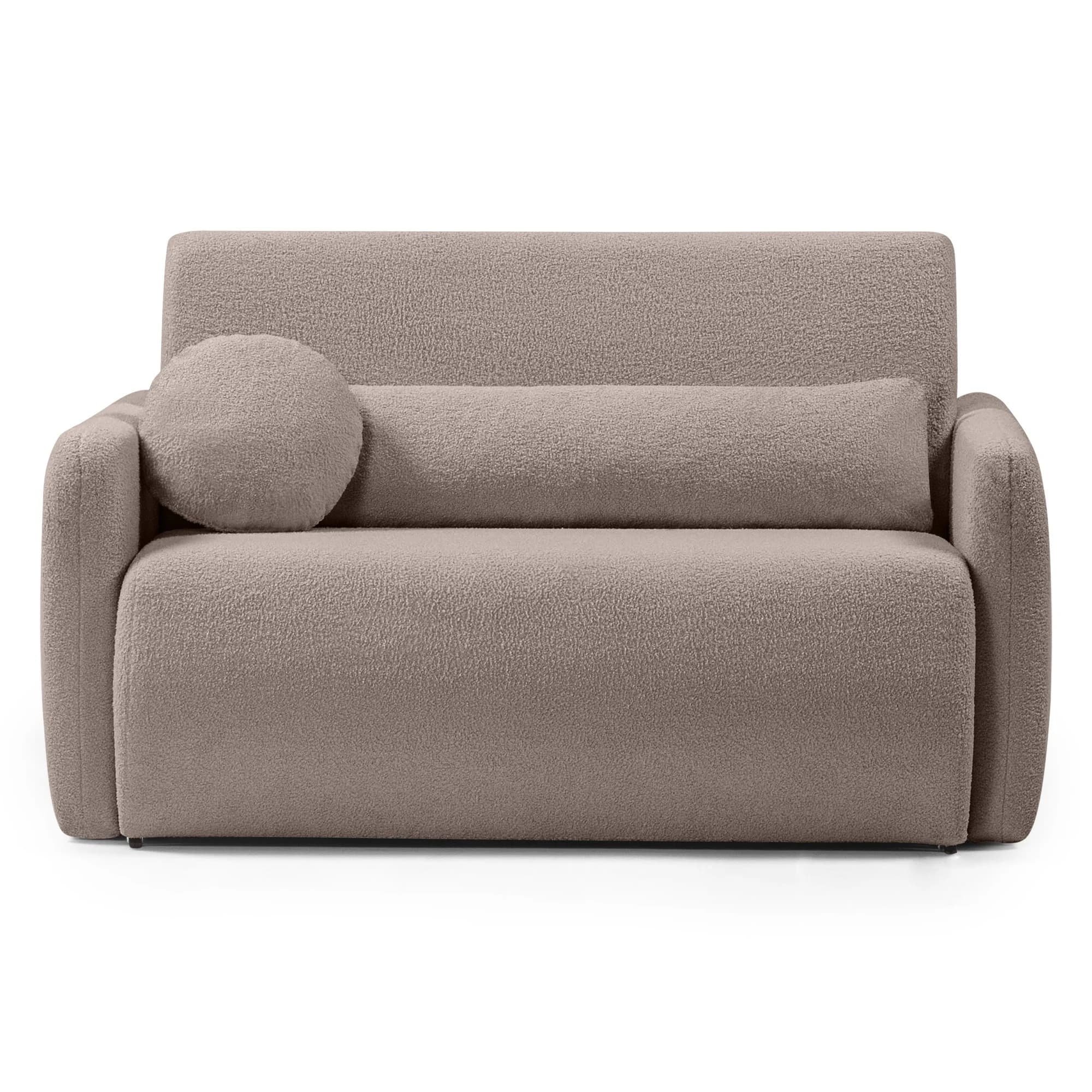 A plush, modern sofa with a textured boucle fabric upholstery. It features a low profile, rounded arms, and a straight back. The sofa is accompanied by two throw pillows: one round and one cylindrical bolster. The overall design is minimalist and comfortable. — 3D model