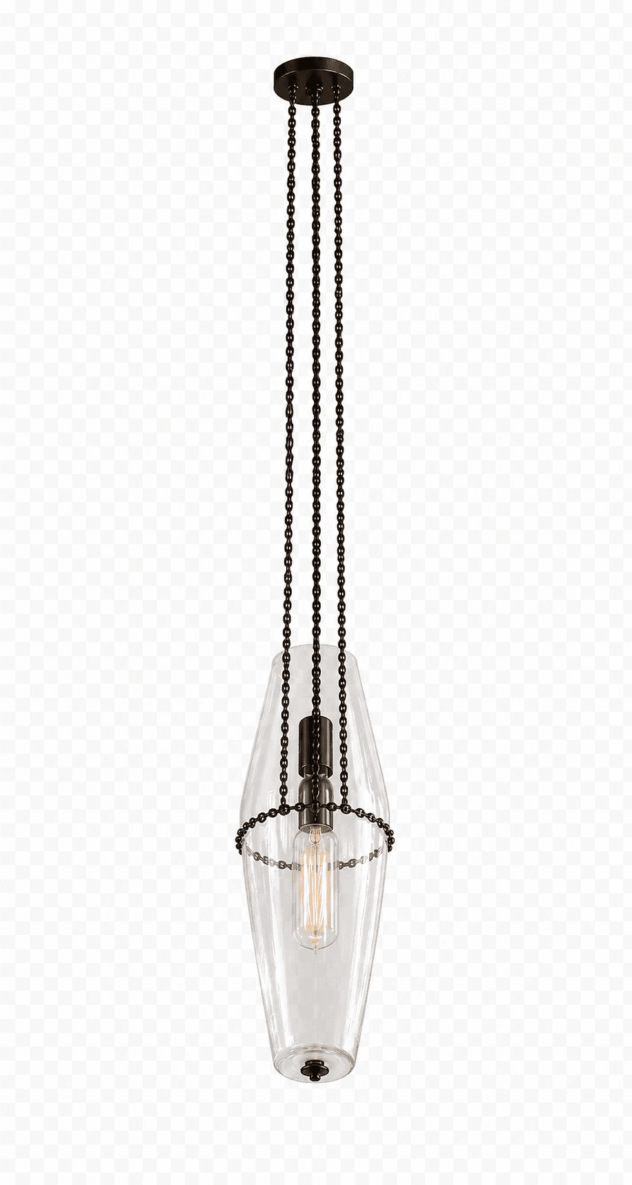 A modern pendant light featuring a smoked glass shade with an inverted conical shape, suspended by three dark bronze-finished chains from a circular canopy. An exposed Edison-style filament bulb is visible within the translucent grey glass. — 3D model