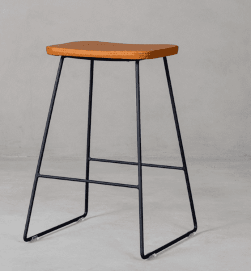 A modern bar stool featuring a rectangular, saddle-shaped seat upholstered in brown faux leather, su… — 3D model