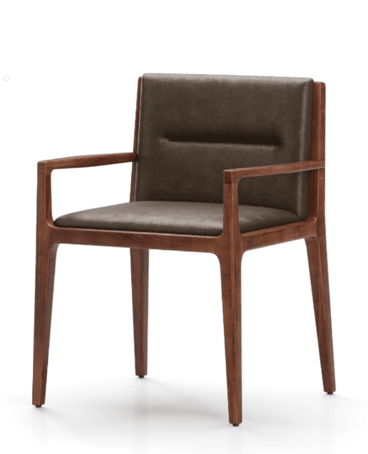 A modern armchair featuring a solid wood frame and upholstered seat and backrest. The wood has a dark brown finish, and the upholstery is a complementary dark brown or taupe material, likely leather or faux leather. The chair has a clean, minimalist design with integrated armrests and slightly tapered legs. — 3D model