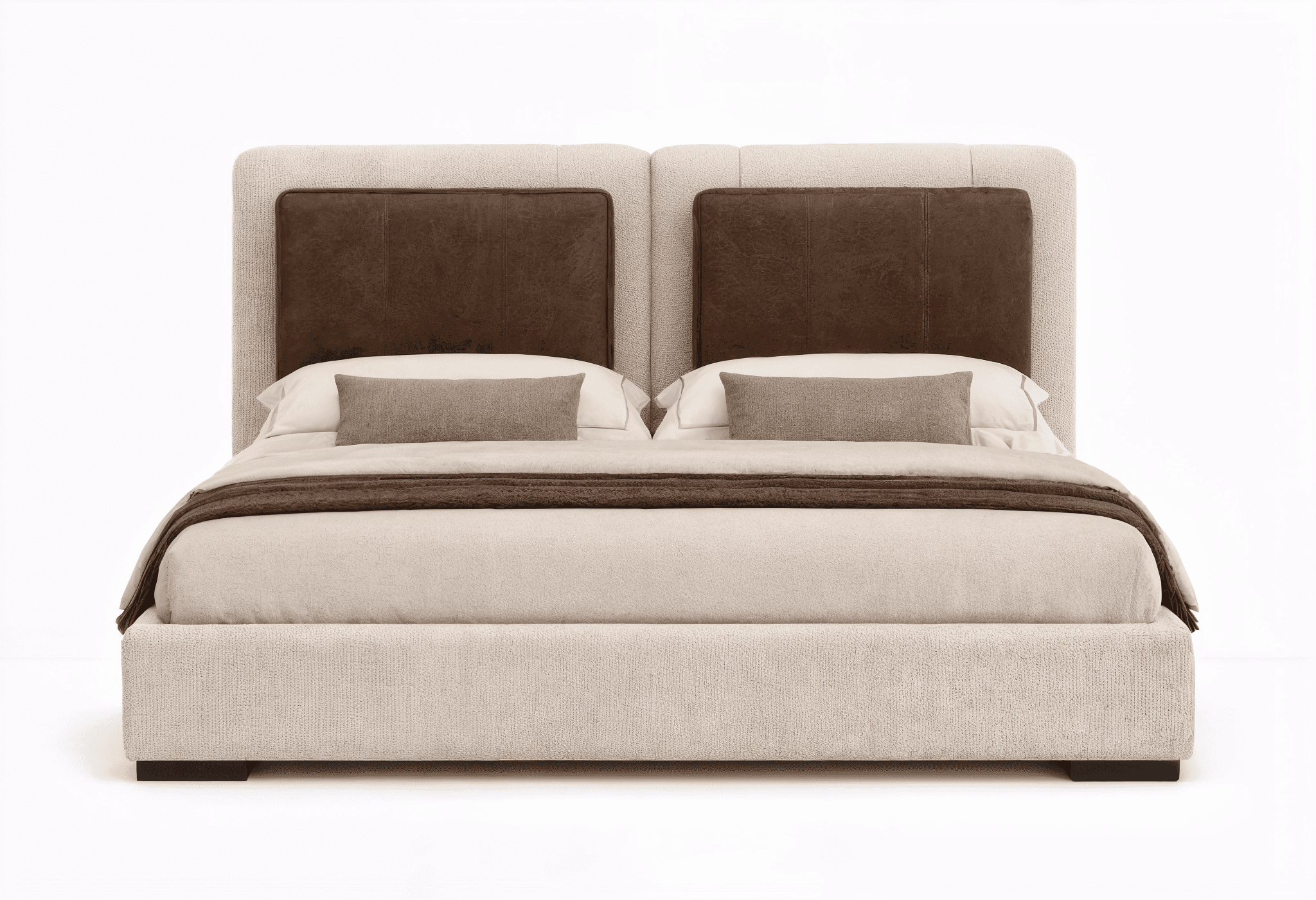 A modern upholstered platform bed with a full fabric-covered frame and a distinctive split headboard… — 3D model