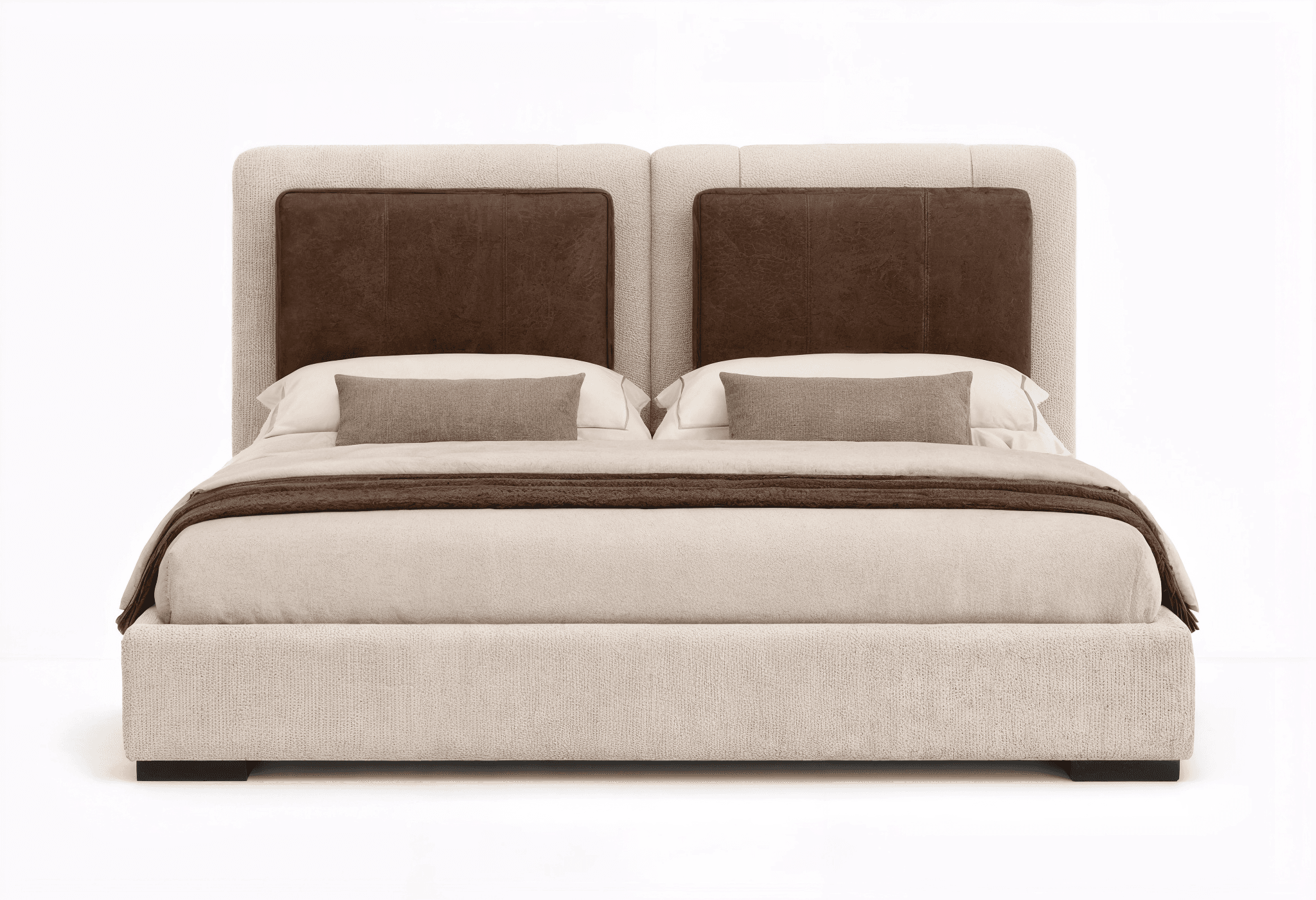 A modern upholstered platform bed with a full fabric-covered frame and a distinctive split headboard. The headboard features two separate rectangular panels upholstered in a darker, contrasting material, likely faux leather, set against the lighter fabric of the main headboard and bed frame. The bed is presented with neutral-toned bedding. — 3D model