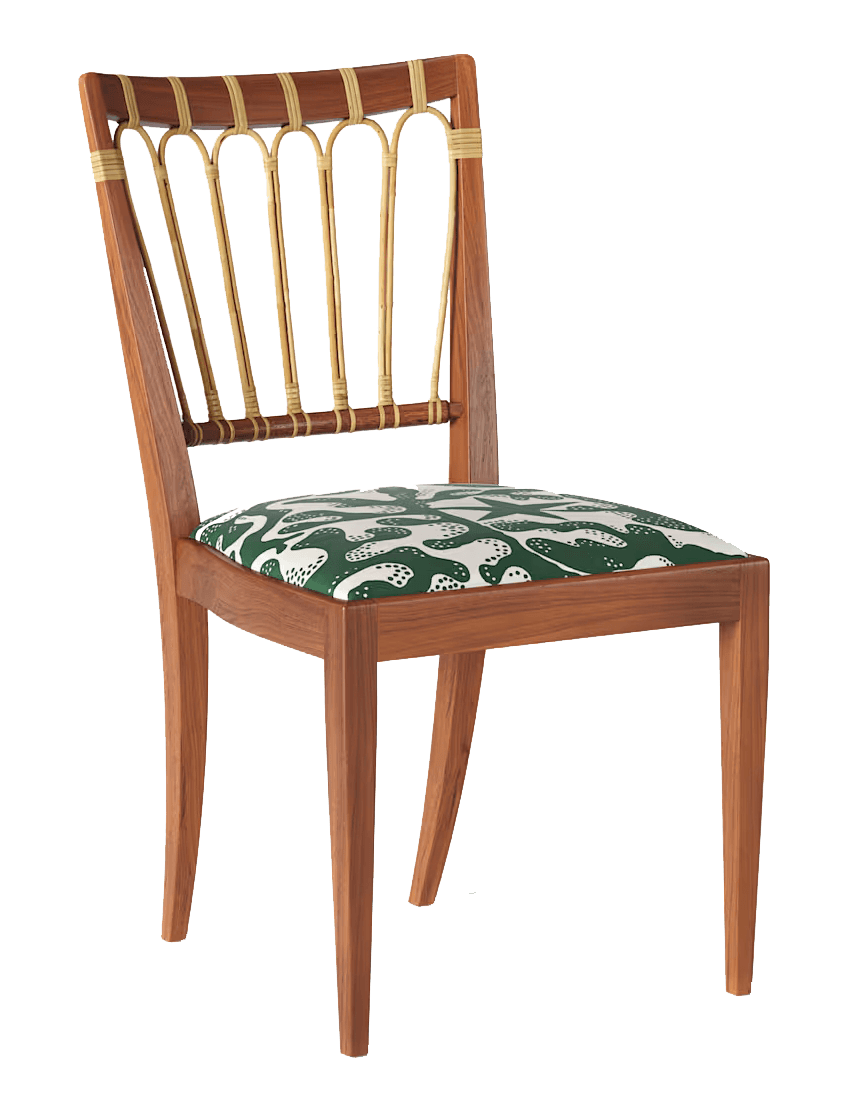 A wooden dining chair with a slatted back and an upholstered seat. The frame is constructed from wood, appearing to be walnut. The backrest features vertical wooden slats accented with a decorative brass or gold-colored metal element at the top and base. The seat is upholstered in fabric with a green background and a white abstract pattern resembling clouds or organic shapes. The legs are tapered and angled. — 3D model