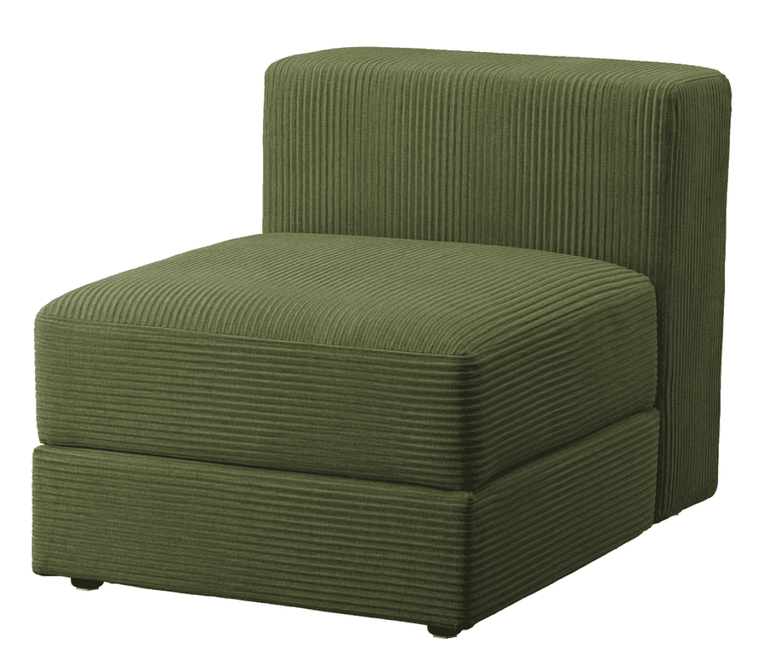 An armless modular seating unit upholstered in ribbed olive green corduroy fabric, featuring a conte… — 3D model