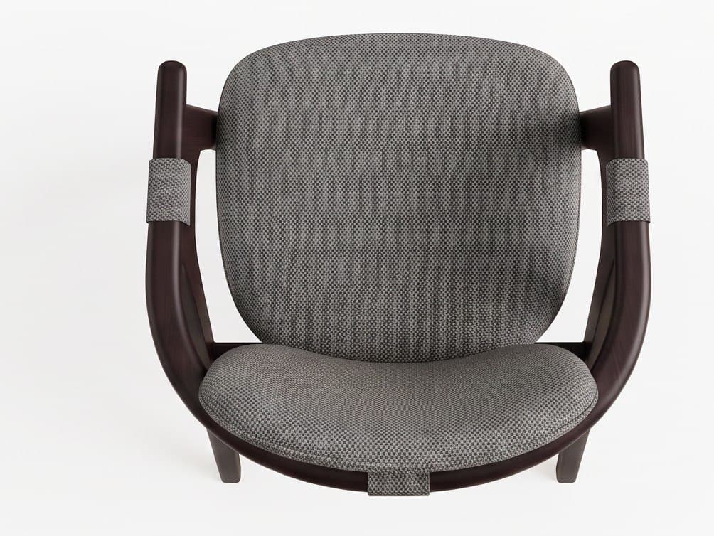 An overhead view of a contemporary armchair featuring a dark stained bentwood frame and grey upholstered seat and backrest. The design is sleek and modern, with the frame forming continuous armrests and supporting the padded elements. — 3D model