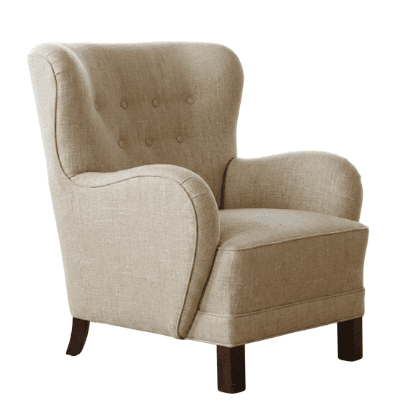A traditional wingback armchair upholstered in a light beige or ecru woven fabric, likely linen or a linen blend. It features a high back with distinctive wings that extend forward, and the backrest is adorned with six fabric-covered button tufts arranged in two rows of three. The armrests are gently rolled and upholstered, providing a comfortable resting place. The seat cushion is firm and neatly upholstered. The chair stands on four short, tapered legs made of dark-finished wood. — 3D model