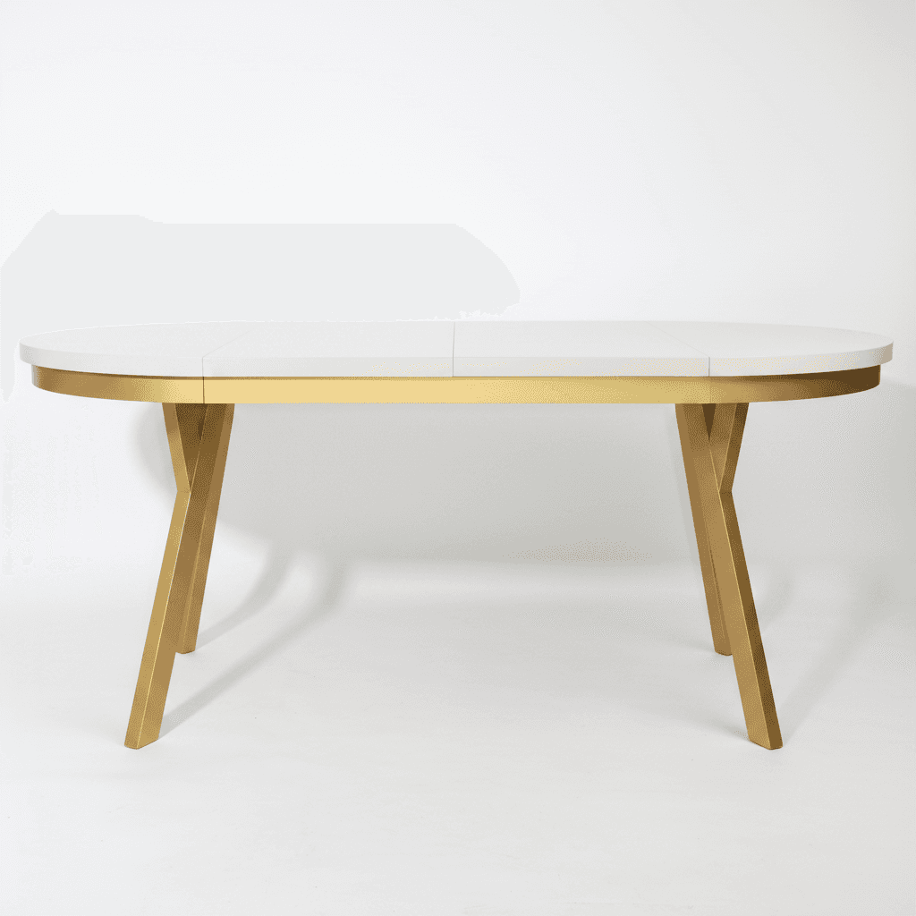 An oval-shaped dining table with a cream-colored top and a metallic gold base. The table top appears… — free GLB 3D model