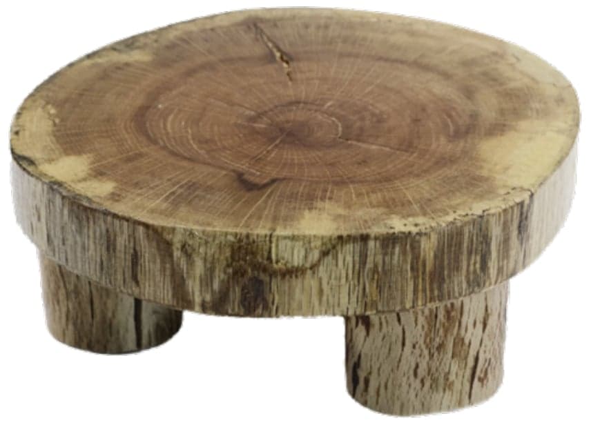 A small, circular, low-profile stand crafted from a thick slice of natural wood, featuring visible tree rings and natural cracks on its top surface, supported by three short, cylindrical legs made from matching wood. — 3D model