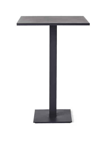 A tall, rectangular bar table featuring a minimalist design with a dark, possibly black or dark grey, finish. It consists of a flat rectangular tabletop, a thick central rectangular pedestal, and a square base plate, all in a cohesive monochromatic color. — 3D model