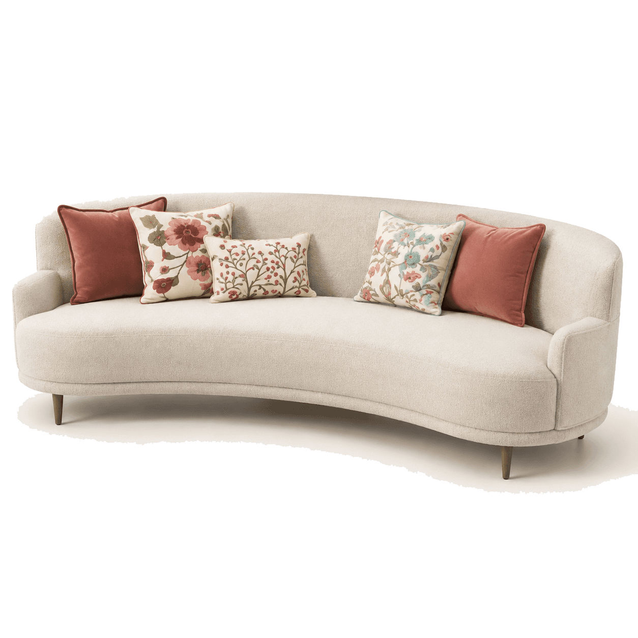 An elegant curved sofa upholstered in a cream-colored bouclé fabric, featuring a low backrest and in… — 3D model