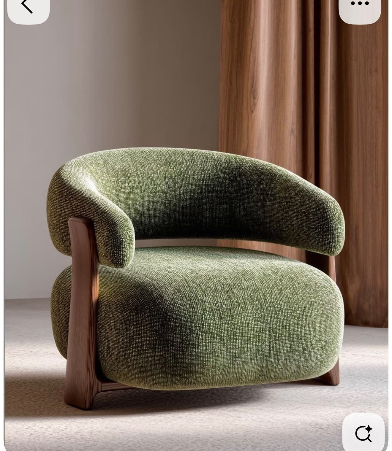 A contemporary lounge chair featuring a rounded, organic silhouette, upholstered in a textured moss green fabric, and supported by a dark, exposed wooden frame that also forms part of the armrests. — 3D model