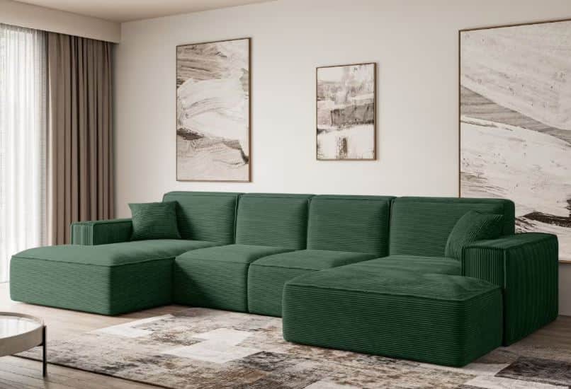 A modular green sectional sofa with a chaise lounge on the left side and an ottoman extension on the… — free GLTF 3D model