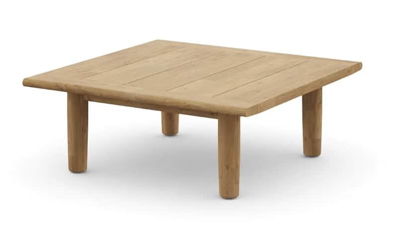 A low-profile, square coffee table made from light-toned solid wood. It features a tabletop construc… — 3D model