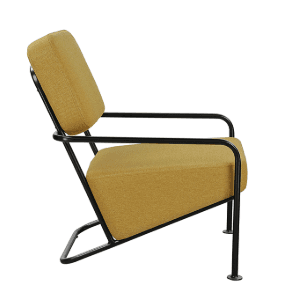 A modern armchair with a minimalist design. It features a slender black metal frame that forms the legs, armrests, and back support. The seat and backrest are upholstered in a textured yellow fabric. — 3D model