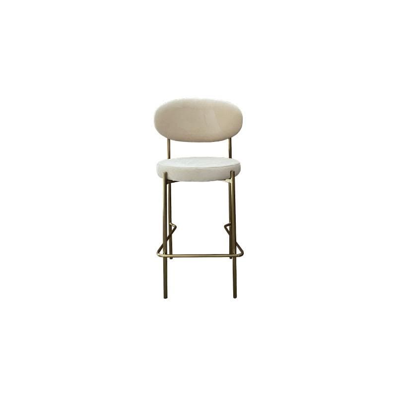 A contemporary bar stool featuring a rounded, upholstered backrest and seat, supported by a slender gold-toned metal frame with an integrated footrest. The upholstery appears to be a cream or off-white fabric, possibly velvet or velour. — 3D model