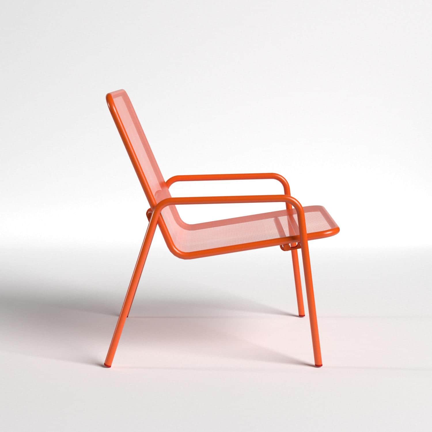 An orange lounge chair crafted from perforated metal, featuring a simple, modern design. The chair h… — 3D model