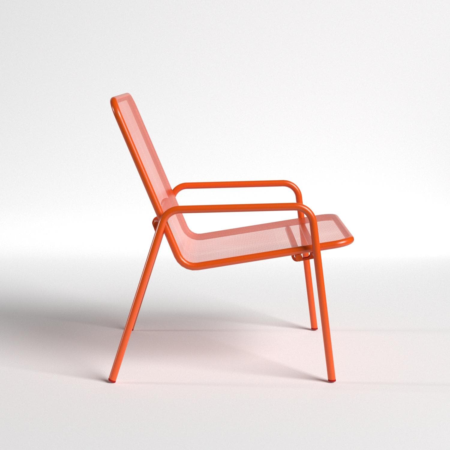An orange lounge chair crafted from perforated metal, featuring a simple, modern design. The chair has a slightly reclined backrest and integrated armrests, all made from the same material. Its construction uses tubular metal for the frame, with perforated sheets forming the seat and back, suggesting durability and suitability for outdoor use. The vibrant orange color is uniform across the entire structure, and the chair appears to be in pristine condition, likely a product rendering. — 3D model