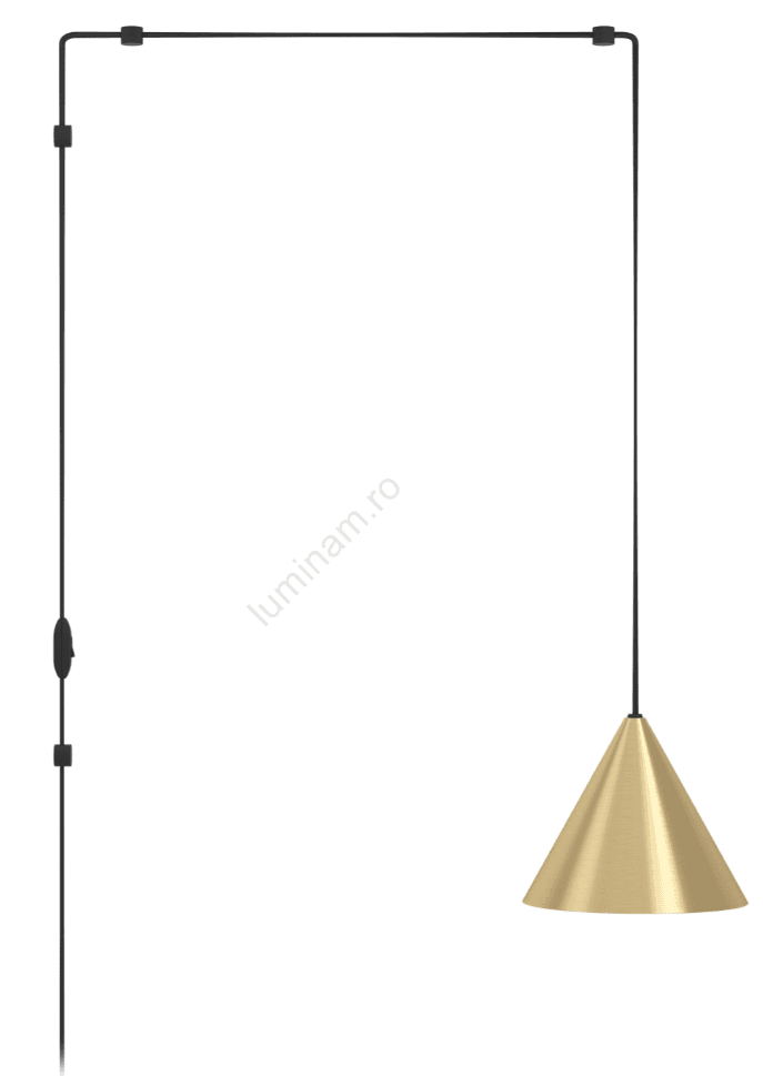 A modern wall-mounted plug-in lamp featuring a black metal swing arm and a conical brass shade. The lamp includes a black fabric cord with an inline on/off switch and a wall plug, suggesting it is designed for easy installation without hardwiring. The arm extends horizontally from a rectangular wall bracket. — 3D model
