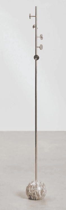 A modern floor-standing coat rack featuring a slender, cylindrical metal pole with multiple disc-sha… — 3D model