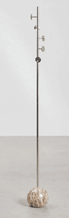 A modern floor-standing coat rack featuring a slender, cylindrical metal pole with multiple disc-shaped hooks or hangers at varying heights. The base is a spherical element made of marbled stone, providing stability and a visual contrast to the metallic pole. — 3D model