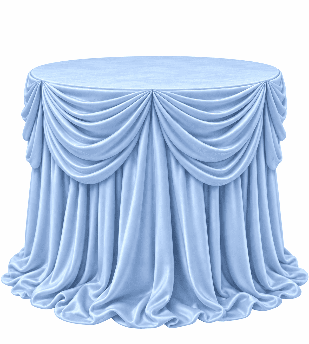 A round table completely covered by an elaborate, light blue draped tablecloth. The fabric appears t… — 3D model