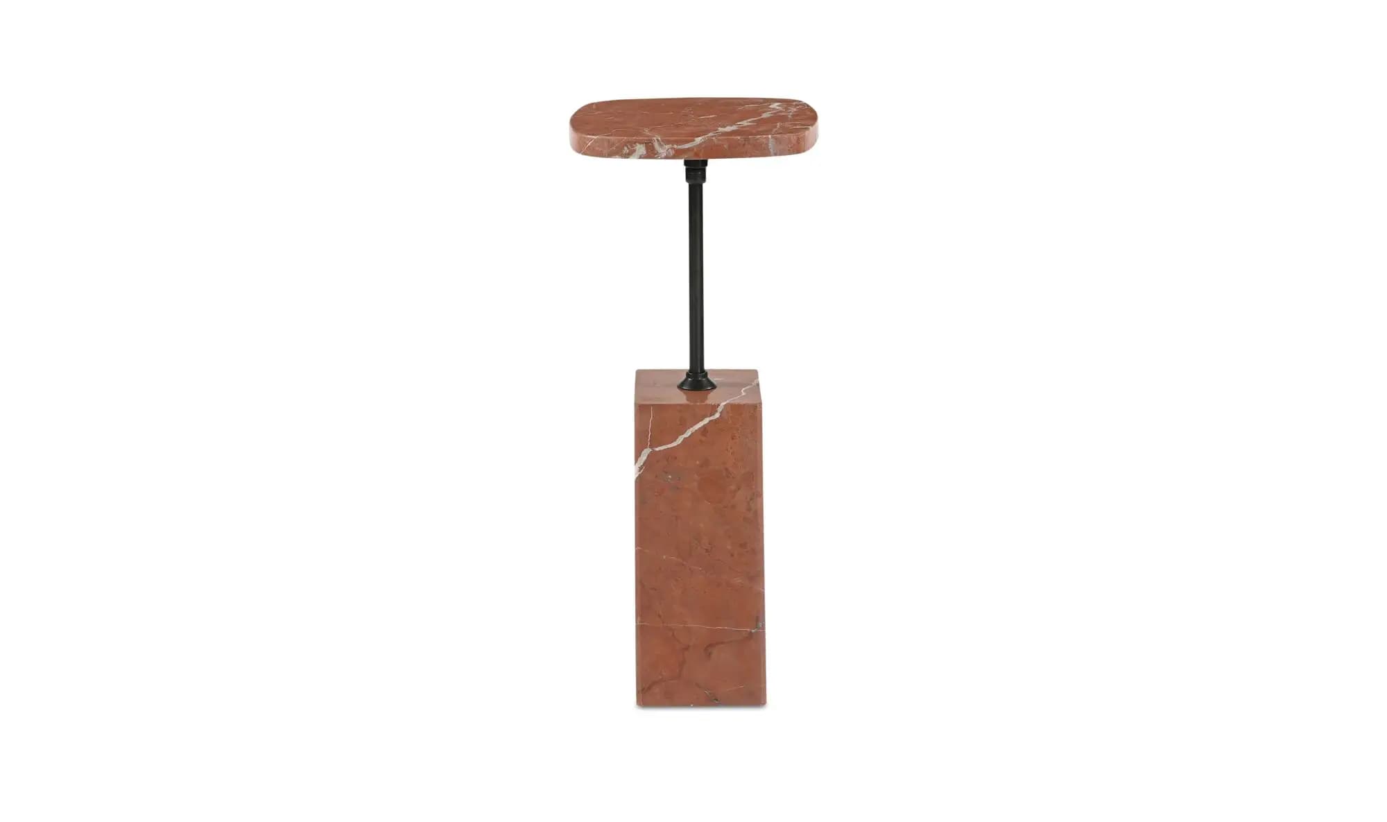 A slender side table with a rectangular marble base and a top surface also made of marble, connected by a slim, dark-colored column. The marble features a prominent reddish-brown hue with white veining. — 3D model