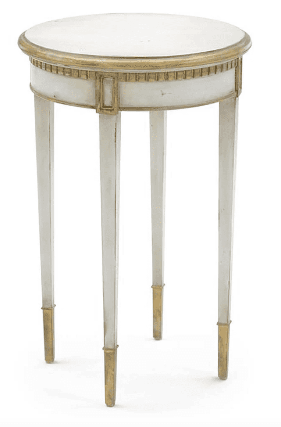 A circular-top side table with a tapered pedestal base. The tabletop has a decorative brass band aro… — 3D model