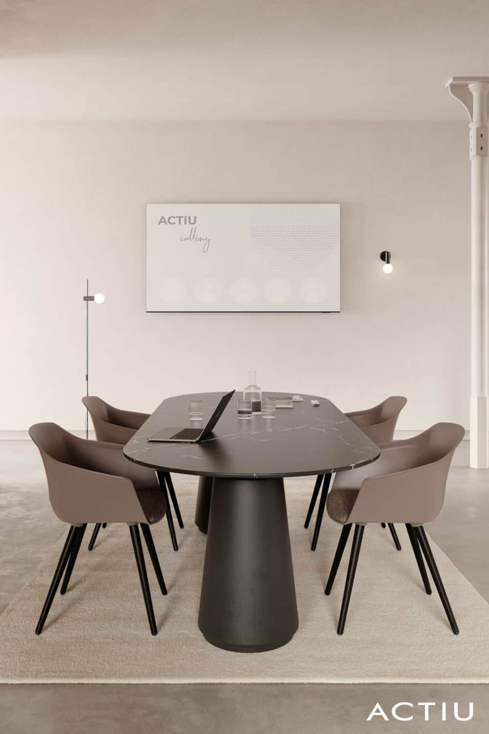 A sophisticated oval conference table featuring a black marble top with natural white veining, suppo… — 3D model