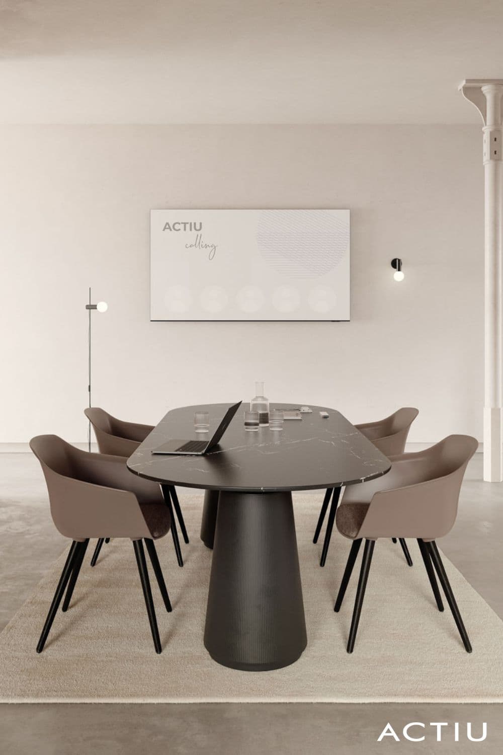 A sophisticated oval conference table featuring a black marble top with natural white veining, supported by a monolithic fluted pedestal base. The table presents a sleek, contemporary design with a monochromatic black finish. — 3D model