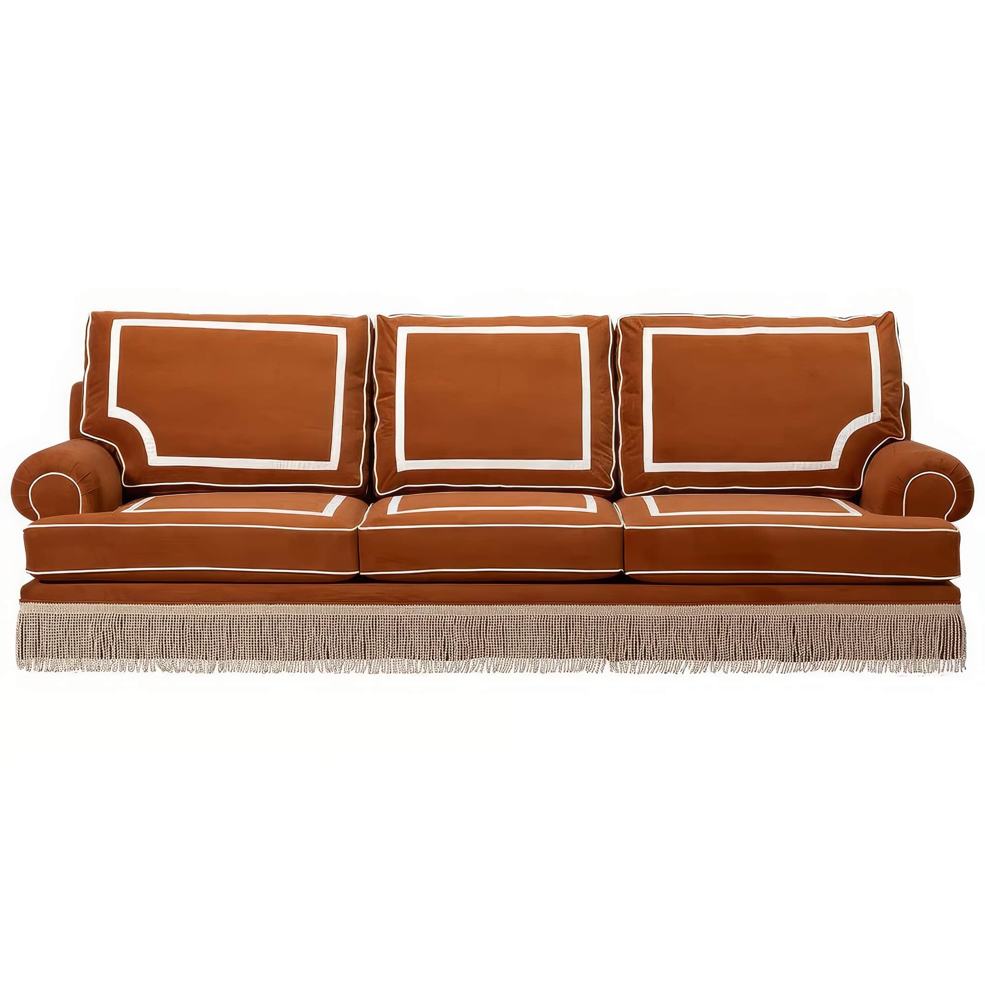 A three-seater sofa with a dark orange upholstery. The sofa features plush seat cushions and three r… — free GLTF 3D model