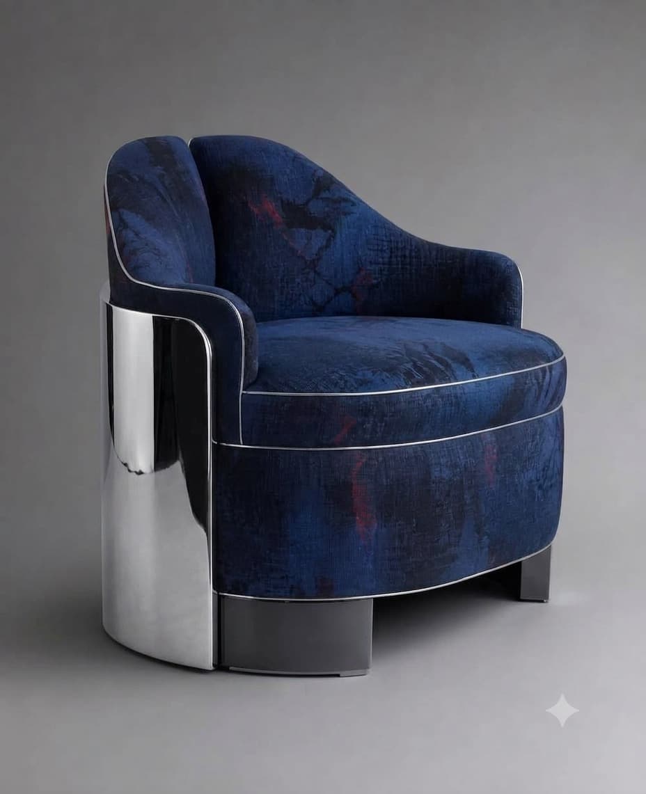 A contemporary upholstered armchair with a dark blue abstract-patterned fabric and striking chrome-plated curved side panels. The chair features a high, enveloping backrest that flows into integrated armrests, all highlighted by white piping. The seat is generously padded, and the base incorporates sleek, dark plinth feet underneath the chrome elements. — 3D model