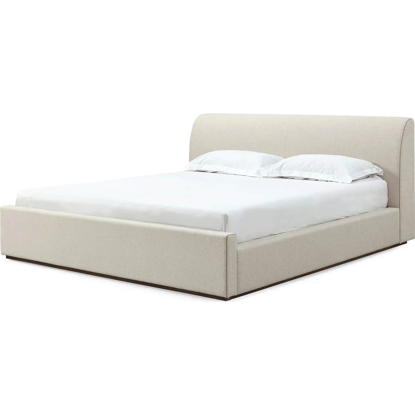 A modern upholstered bed frame with a low profile and a gently curved headboard. The bed is covered… — free OBJ 3D model