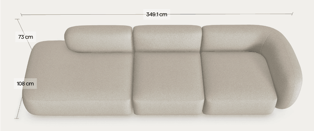 A modern sectional sofa in a light beige textile, featuring a chaise lounge on one end and a multi-seat sofa component with a rounded armrest on the other. The design appears modular with distinct back cushions and a low profile. — 3D model