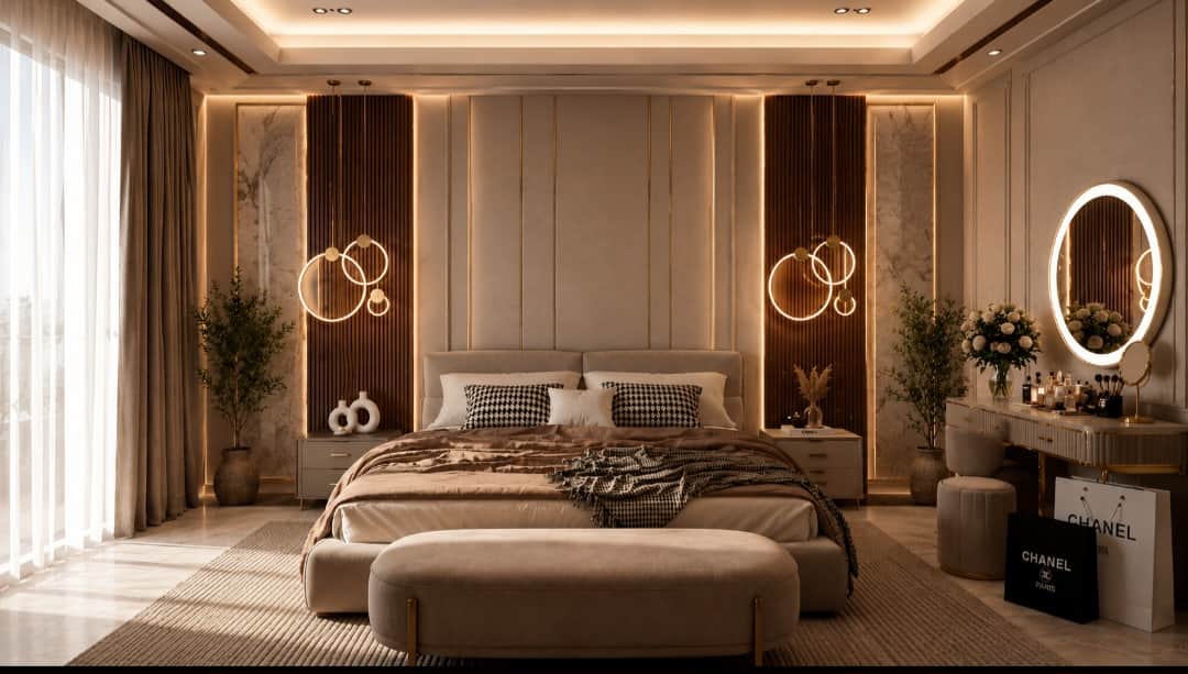 A modern upholstered platform bed featuring a low-profile design with an integrated, padded headboar… — free BLEND 3D model